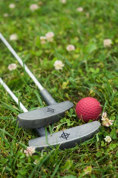 Mini golf game equipment. Close-up of red ball and putters on green grass. Summer outdoor game.