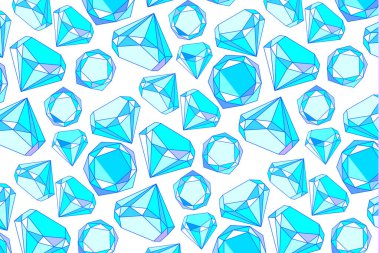 Çizgi film stili elmaslar, mücevherler ve kristallerle kusursuz vektör deseni. Mavi geometrik kuvars mineralli duvar kağıdı. Leylak değerli taşlar.