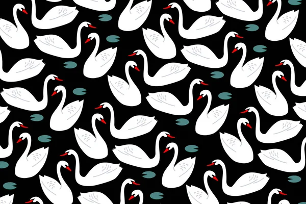 Seamless Pattern White Swans Swimming Lake Wallpaper Swimming Birds Animalistic — Stock Vector