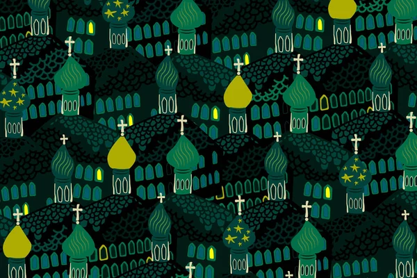 現代の手描きスタイルで伝統的なロシアの教会とシームレスなベクトルパターン 正統派の大聖堂と壁紙 キリスト教 緑と黒のテキスタイルデザイン イースター — ストックベクタ