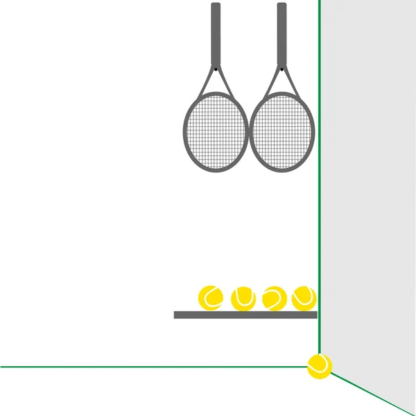 Raquetas de tenis en una pared en la habitación . — Vector de stock