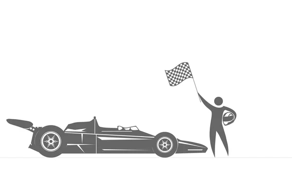 Formula 1 pilot near the car, with a victory flag in hand. Winner in the Grand Prix. — Stock Vector