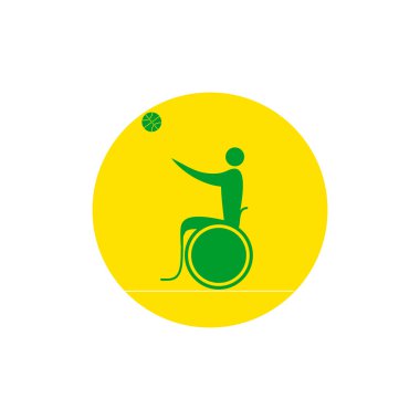 Güçlü bir adam basketbol oynarken bir tekerlekli sandalyede. Vektör