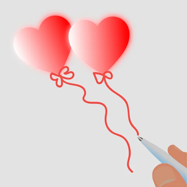 Una pluma dibujando dos globos rojos en forma de corazón — Vector de stock