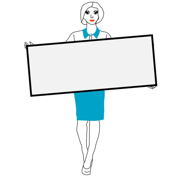 Business woman holds a poster for your text — Stock Vector