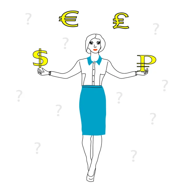 Business woman chooses between Euro Dolar rubles and pounds — Stock Vector