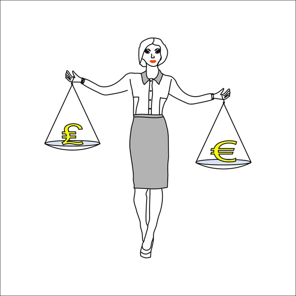 Woman holding a balance thinking what to choose - or euro gbp. — Stock Vector