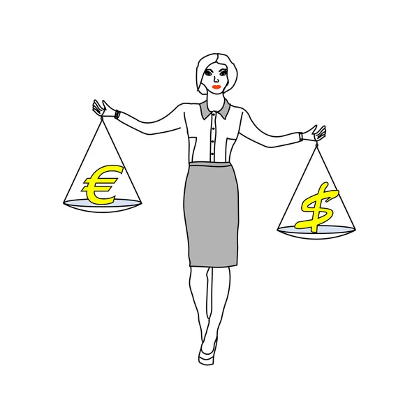 Business woman holding a balance with dollars and euro — Stock Vector