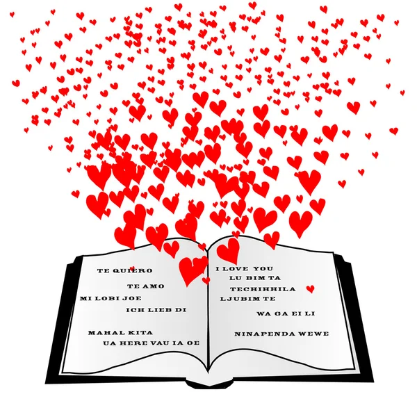 Libro abierto con corazones voladores y te amo — Vector de stock