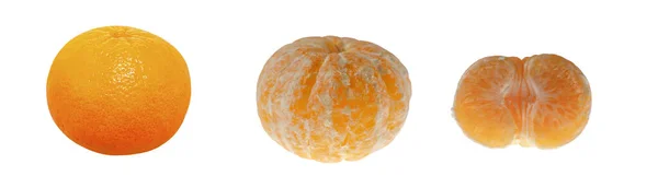 Mandalina seti beyaz bir arka planda izole edilmiş. Mandarin seti. Deride mandalina. Soyulmuş mandalina. Yarım mandalina.