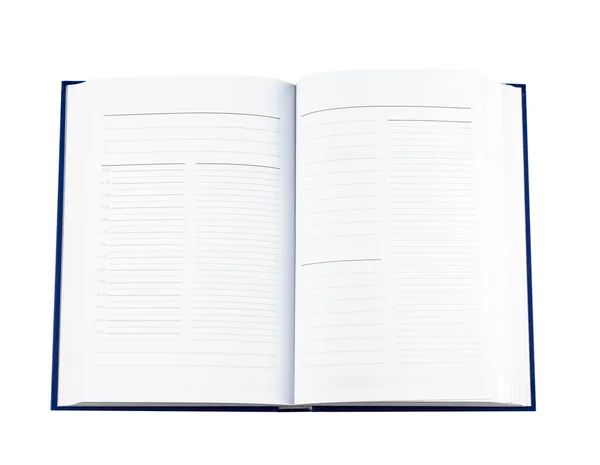 白い背景に隔絶された空のオープン日記 週刊誌の表紙に日付のない線が並んでる コピースペース ビジネスコンセプト ノート — ストック写真