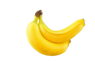 Beyaz arka planda izole edilmiş muz kümesi. Dört muz. Bir avuç muz. Gölgesiz Idael meyveleri.