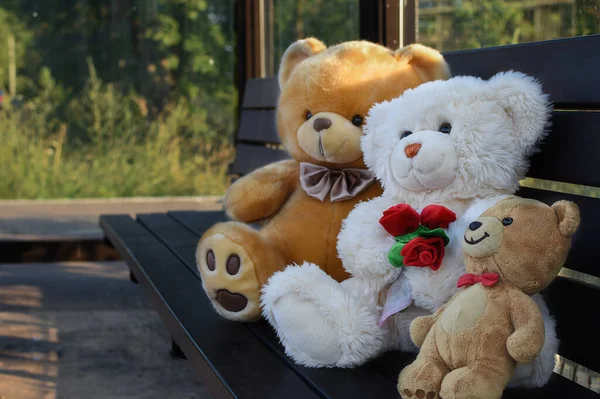 Passengers Concept Teddy Bears Family Bus Stop Funny Passengers Bench — Stock Photo, Image