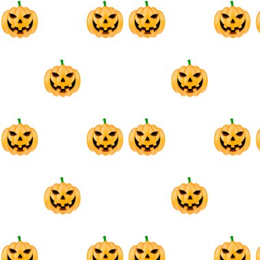 Turuncu kabak yüzler deseni ile sorunsuz Cadılar Bayramı arka plan beyaz. Vektör çizim.