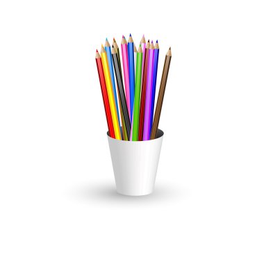 Gerçekçi vektör renkli kalemler beyaz plastik bir kap içinde