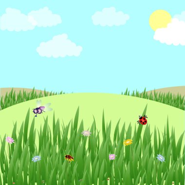 Şafak vakti, yeşil tepeli, parlak mavi gökyüzü, düz çizgi film tarzında arkaplanı olan güzel alan manzarasının vektör çizimi. Çimenler, böcekler ve çiçekler