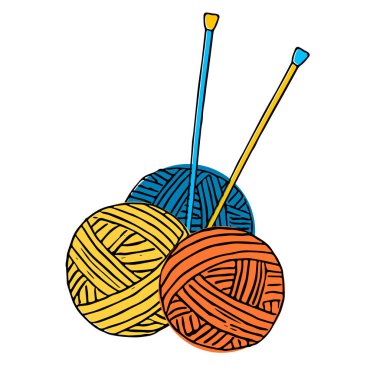 Üç tane yün iplik ve örgü iğnesi. Çizimin renkli vektör çizimi