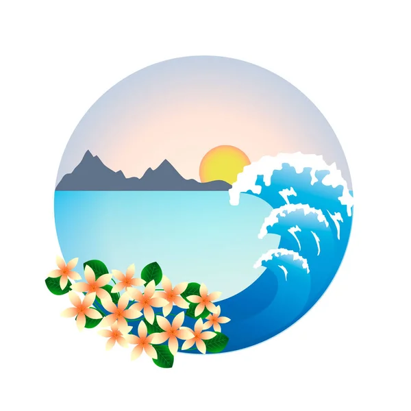 Paisaje Tropical Marco Redondo Montañas Sol Olas Marinas Flores Tropicales — Vector de stock