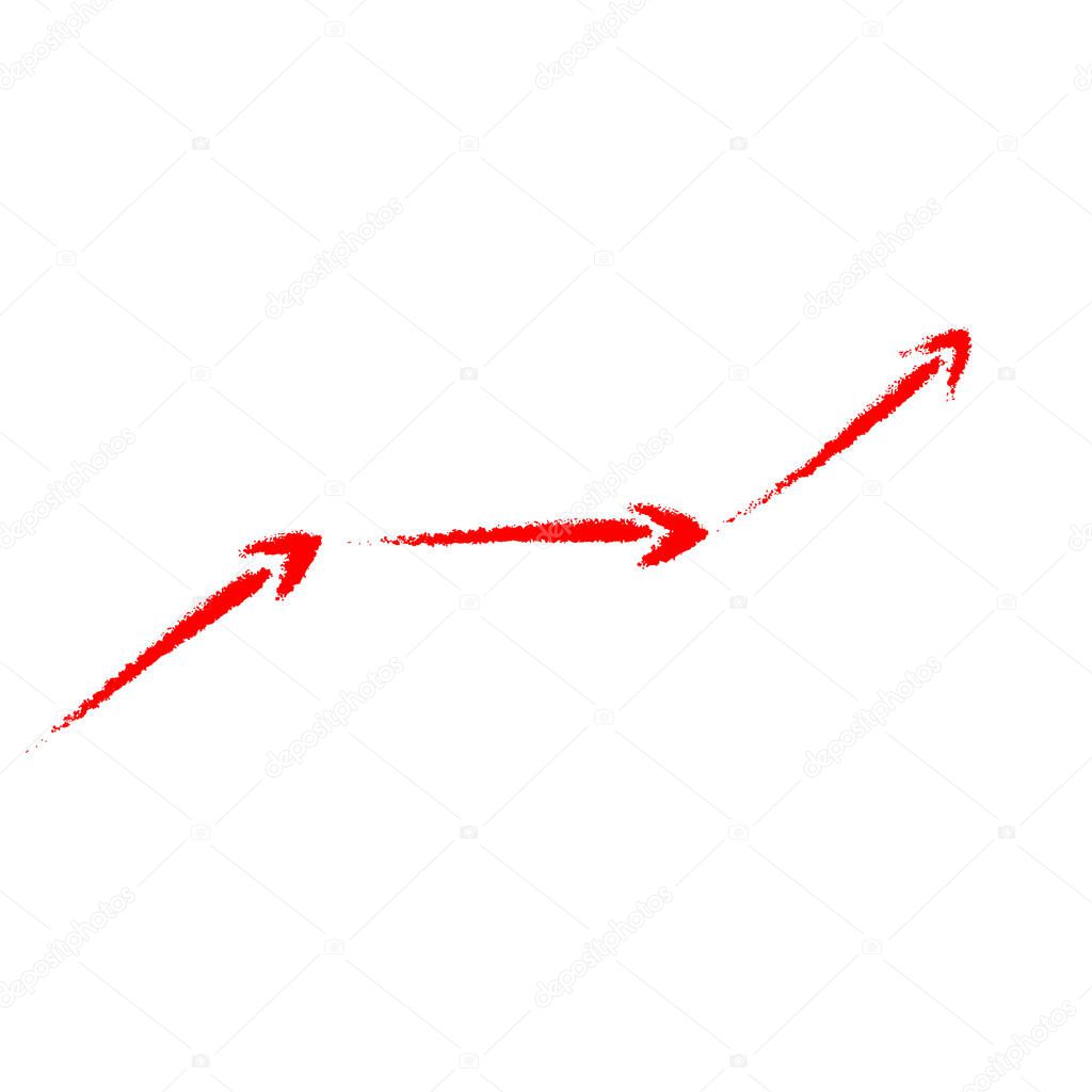 The red curved arrow is drawn by hand. Imitation of paint brush strokes. Vector illustration