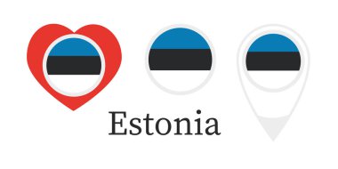 National flag of Estonia, round icon, heart icon and location sign