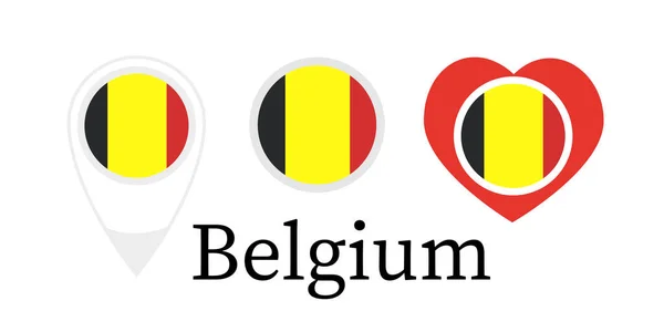 National flag of Belgium, round icon, heart icon and location sign — Stock Vector