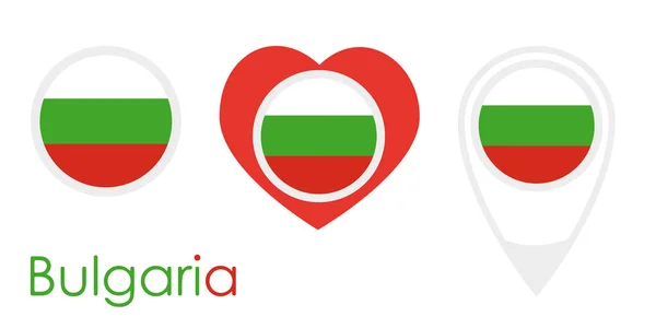 保加利亚国旗、圆形图标、心脏图标和位置标志 — 图库矢量图片