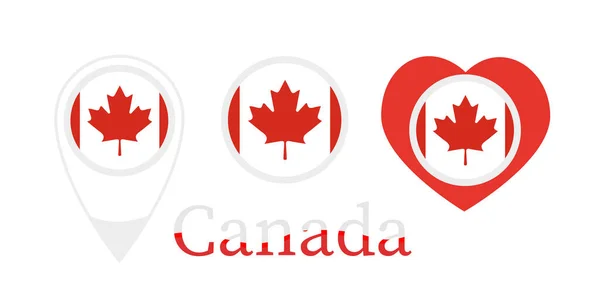 Bandera nacional de Canadá, icono redondo, icono del corazón y signo de ubicación — Vector de stock