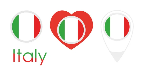 National flag of Italy, round icon, heart icon and location sign — Vettoriale Stock