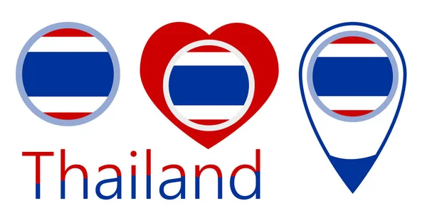 Drapeau national de Thaïlande,, icône ronde, icône de coeur et signe d'emplacement — Image vectorielle