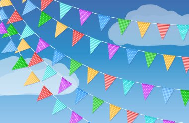 Colorful garland flags on a background of blue sky and white clouds.Vector illustration