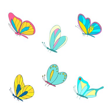 A set of vector butterflies. Different colorful butterflies. Side view