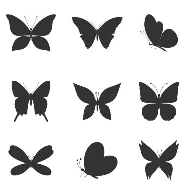 Set of vector butterflies. Silhouettes of different butterflies. Vector templates.
