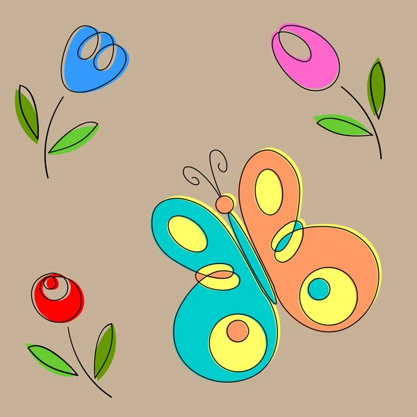 Schmetterling und Blumen. Handgemacht. Vektorillustration — Stockvektor