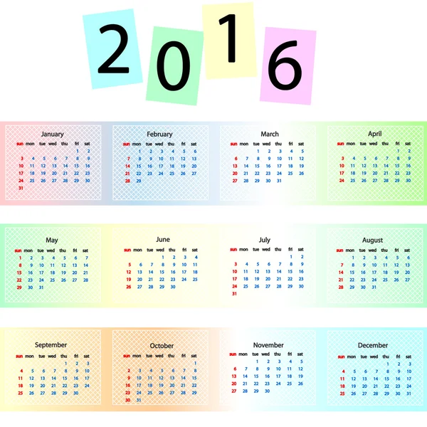 Rainbow vektor kalender 2016 — Stock vektor