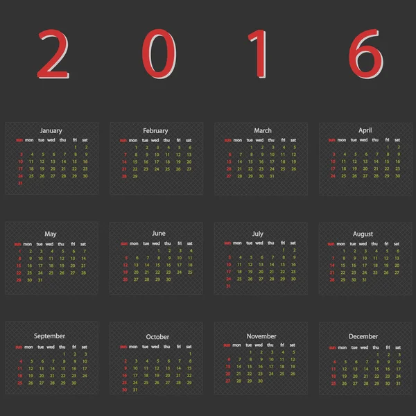 Dunkler Vektorkalender 2016 — Stockvektor