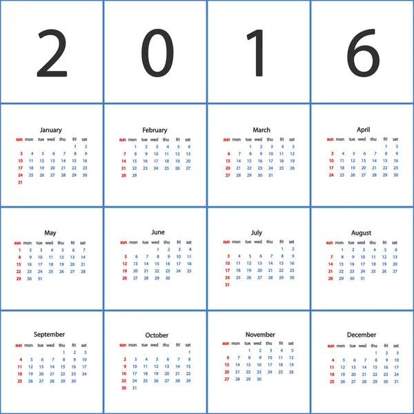 Calendario vectorial 2016 — Vector de stock