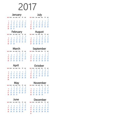 Beyaz arka plan üzerinde 2017 için takvim.