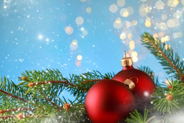 Kırmızı topları ve mavi bokeh arkaplan üzerine köknar dallı Noel tebrik kartı.