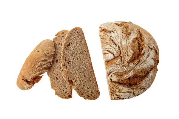 Cutting Loaf Fresh Baked Rye Wheat Bread Closeup Isolated White — Stock Photo, Image