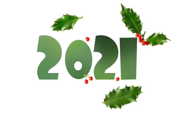 Happy New Year Illustration 2021 Number Holly Berry Leaves Isolated — Stock Photo, Image