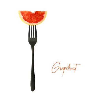 Taze greyfurt ya da siyah çatallı kırmızı turuncu dilim beyaz arka planda izole edilmiş.