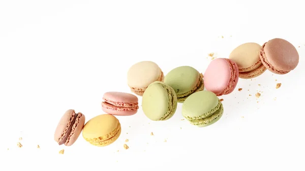 French Sweet Colorful Cookies Macarons Macaroons Crumbs Light Neutral Background — Stock Photo, Image