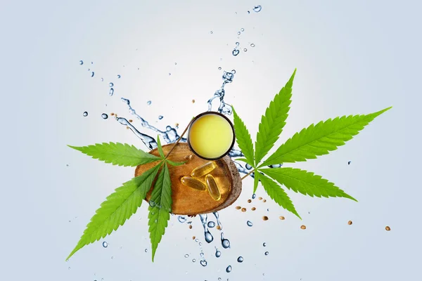 Cannabis Cream Salve Extract Cbd Oil Capsule Hemp Leaves Seeds — Stockfoto