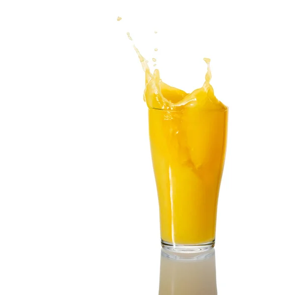 Orange Fruit Juice Glass Splash Reflection Isolated White Background — Stock Photo, Image