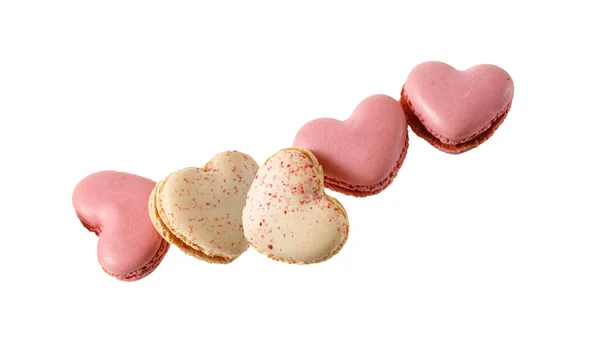 Macarons Doces Macarons Forma Coração Voando Isolado Fundo Branco Biscoitos — Fotografia de Stock