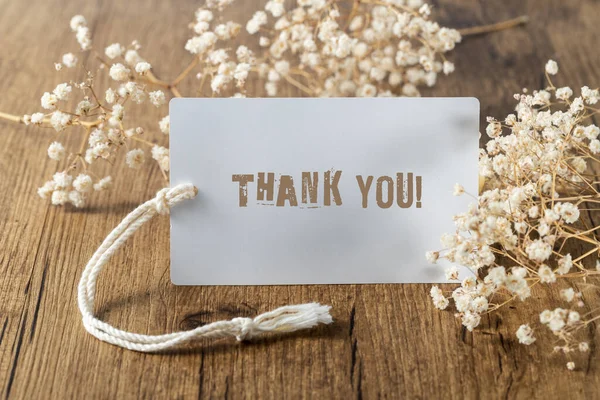 Vintage Thank You Text Card White Dried Flowers Wooden Background — Stock Photo, Image