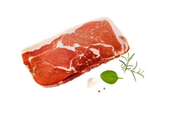 Trozos Tradicionales Jamón Español Carne Cerdo Seca Hierbas Frescas Aisladas — Foto de Stock