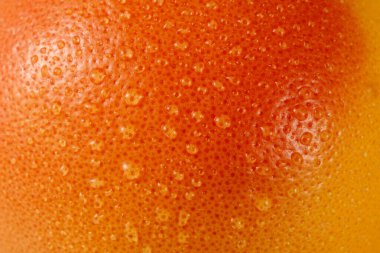 Arka planda su damlaları olan bir greyfurdun kabuğunu soy. Turuncu sarı desenli tropikal meyveli makro fotoğraf