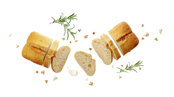 Cutting Fersh Baked Ciabatta Loaf Crumbs Rosemary Herb Twigs Flying — Stock Photo, Image