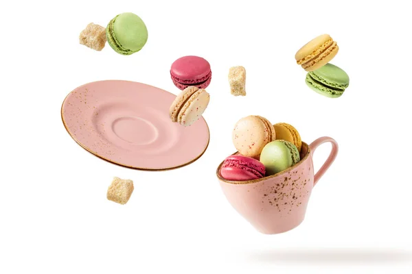 French Sweet Colorful Cookies Macarons Macaroons Vintage Pink Cup Cane — Stock Photo, Image